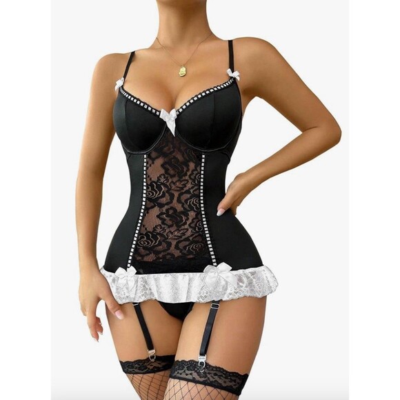 Lilosy Sexy Stocking Garter Belt Bows Floral Lace Babydoll Corset - Picture 1 of 6